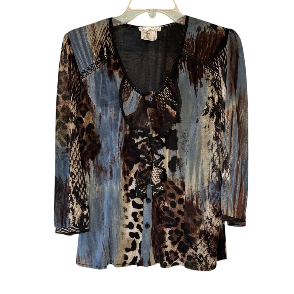 Alberto Makali Mixed Pattern Leopard Ruffle Blouse Sz Medium